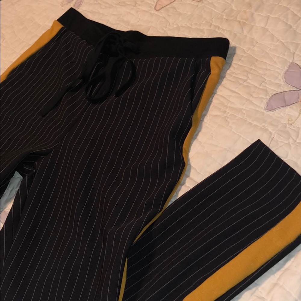 mustard yellow and black striped pants